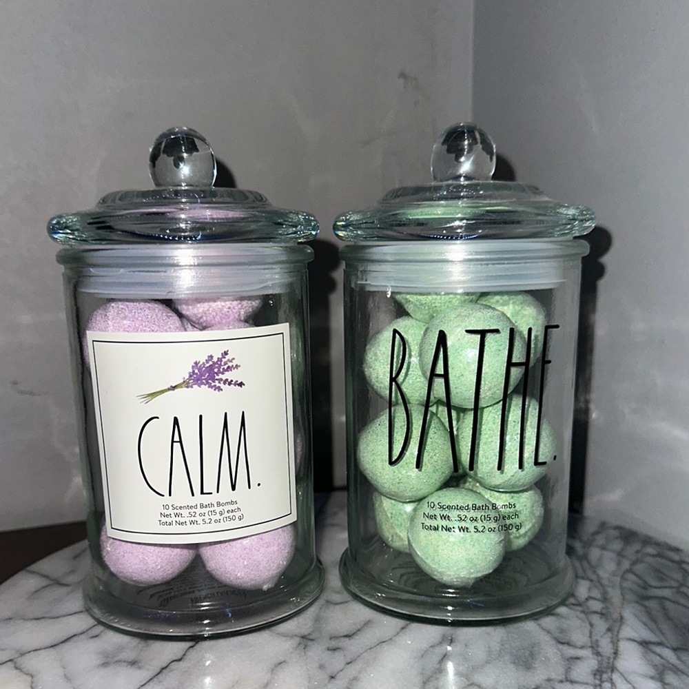 Rae Dunn Calm and Bathe Glass Jars - Pink and Green